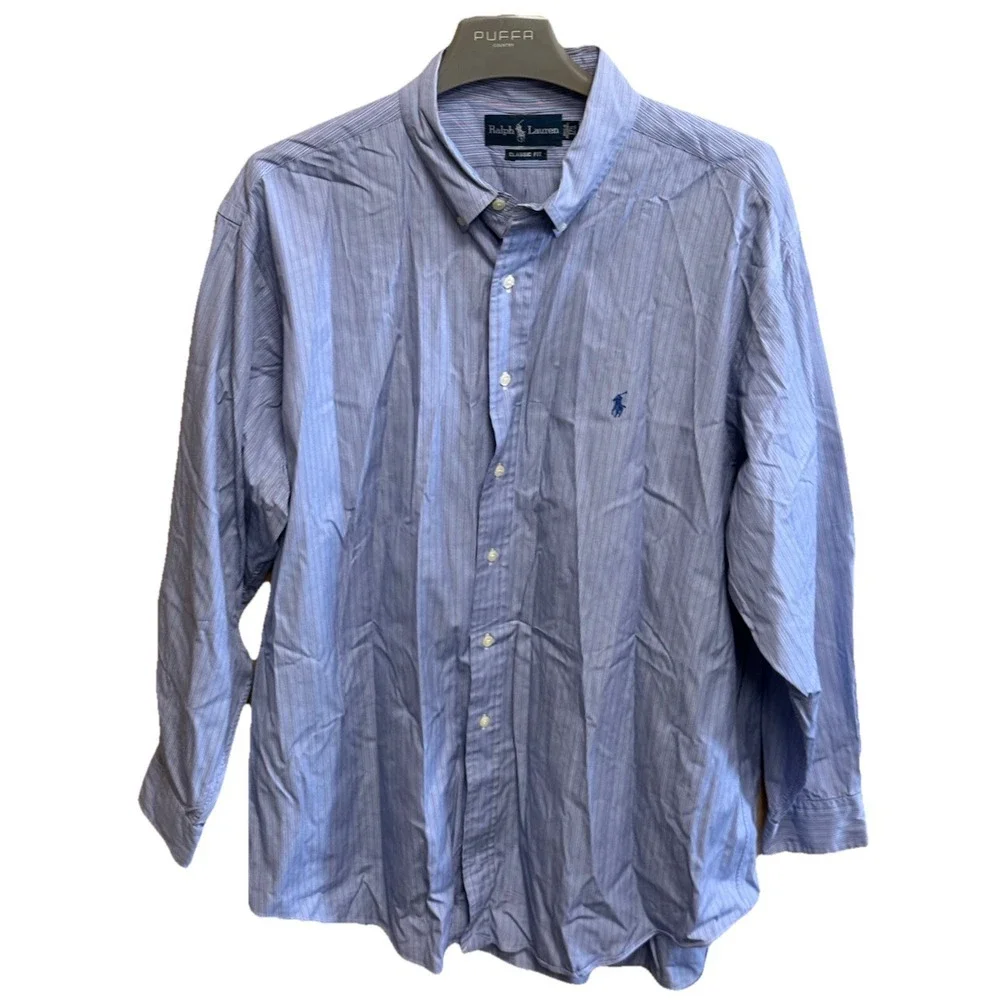 Ralph Lauren Shirt Men Large 17 1/2 4/5 Blue Pink Striped Button‎ Down Classic